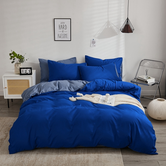 91家纺网 家纺一手货源 找家纺 啊雅家居 2025新款ins简约学生宿舍双拼纯色磨毛四件套可订制logo 克莱因蓝加浅蓝灰