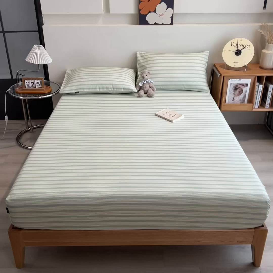 91家纺网 家纺一手货源 找家纺 芃成家纺 2026春夏新款全棉纯棉加厚老粗布单床笠床笠单件床笠三件套 星条纹-绿