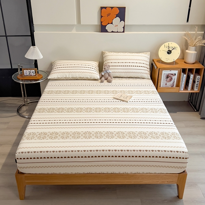 91家纺网 家纺一手货源 找家纺 芃成家纺 2026春夏新款全棉纯棉加厚老粗布单床笠床笠单件床笠三件套 杏影雅条