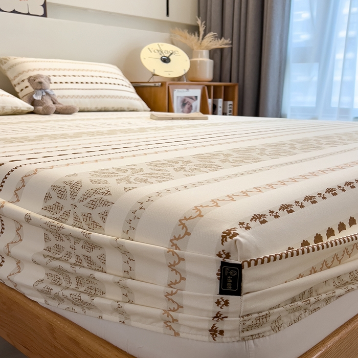 91家纺网 家纺一手货源 找家纺 芃成家纺 2026春夏新款全棉纯棉加厚老粗布单床笠床笠单件床笠三件套 杏影雅条