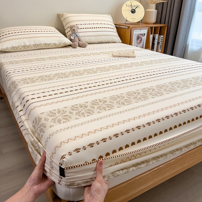 91家纺网 家纺一手货源 找家纺 芃成家纺 2026春夏新款全棉纯棉加厚老粗布单床笠床笠单件床笠三件套 杏影雅条