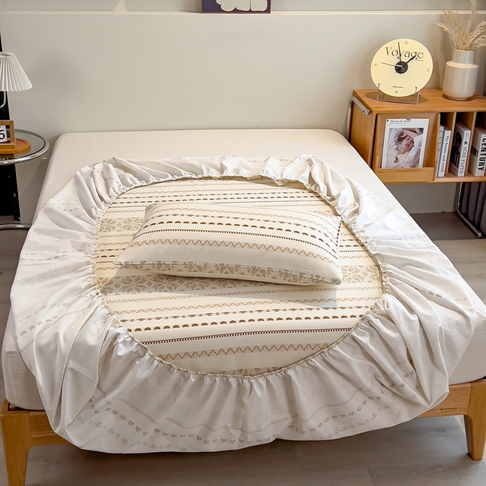 91家纺网 家纺一手货源 找家纺 芃成家纺 2026春夏新款全棉纯棉加厚老粗布单床笠床笠单件床笠三件套 杏影雅条