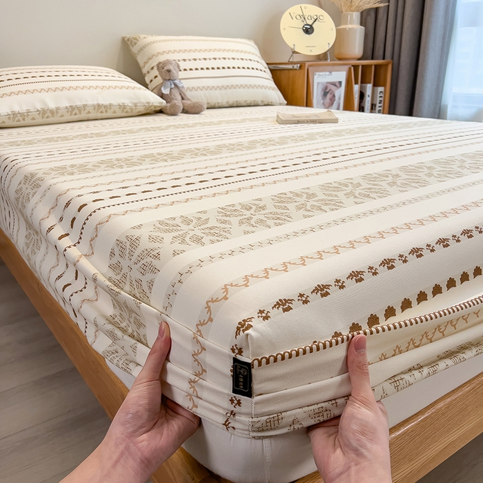 91家纺网 家纺一手货源 找家纺 芃成家纺 2026春夏新款全棉纯棉加厚老粗布单床笠床笠单件床笠三件套 杏影雅条