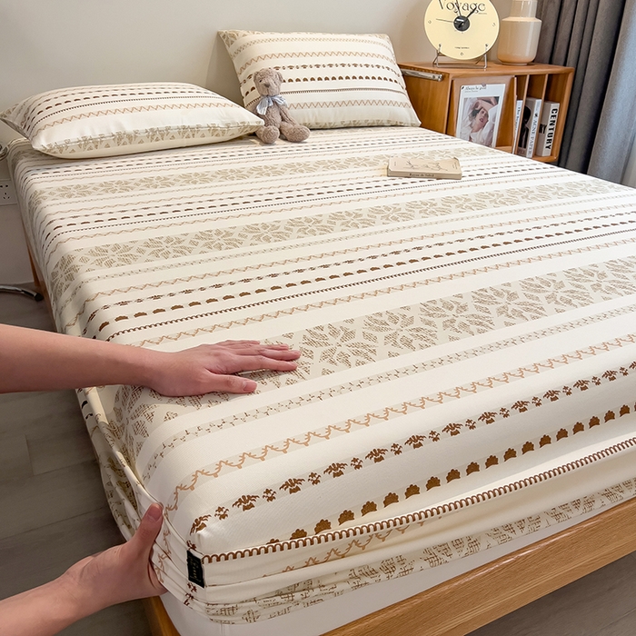 91家纺网 家纺一手货源 找家纺 芃成家纺 2026春夏新款全棉纯棉加厚老粗布单床笠床笠单件床笠三件套 杏影雅条