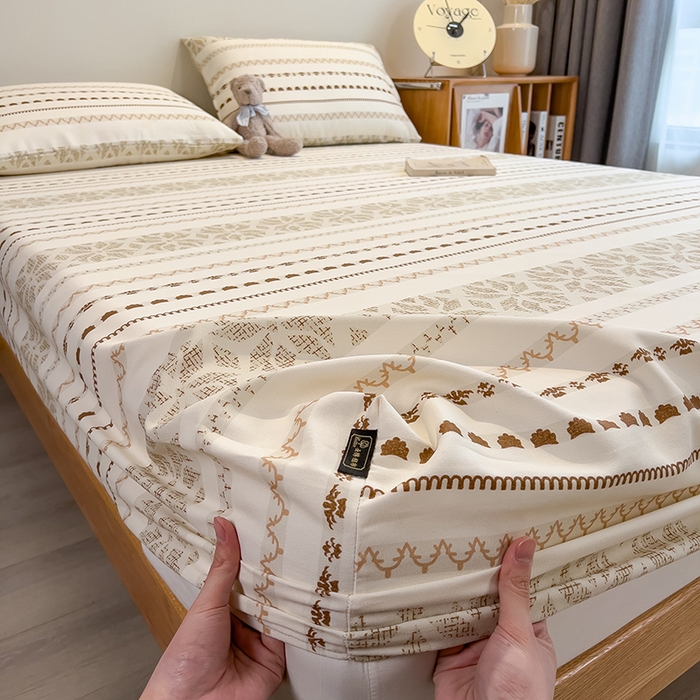 91家纺网 家纺一手货源 找家纺 芃成家纺 2026春夏新款全棉纯棉加厚老粗布单床笠床笠单件床笠三件套 杏影雅条