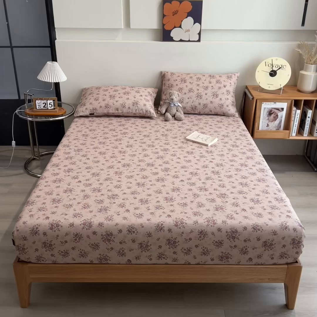 91家纺网 家纺一手货源 找家纺 芃成家纺 2026春夏新款全棉纯棉加厚老粗布单床笠床笠单件床笠三件套 月下玫瑰