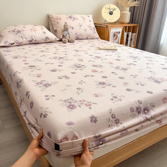 91家纺网 家纺一手货源 找家纺 芃成家纺 2026春夏新款全棉纯棉加厚老粗布单床笠床笠单件床笠三件套 紫韵花境