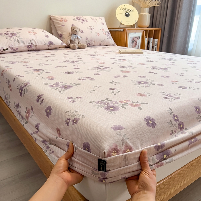 91家纺网 家纺一手货源 找家纺 芃成家纺 2026春夏新款全棉纯棉加厚老粗布单床笠床笠单件床笠三件套 紫韵花境