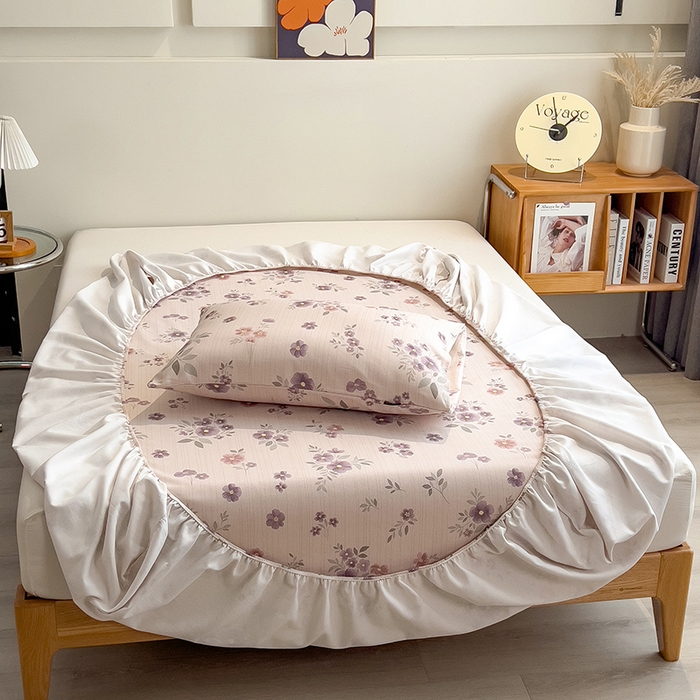 91家纺网 家纺一手货源 找家纺 芃成家纺 2026春夏新款全棉纯棉加厚老粗布单床笠床笠单件床笠三件套 紫韵花境