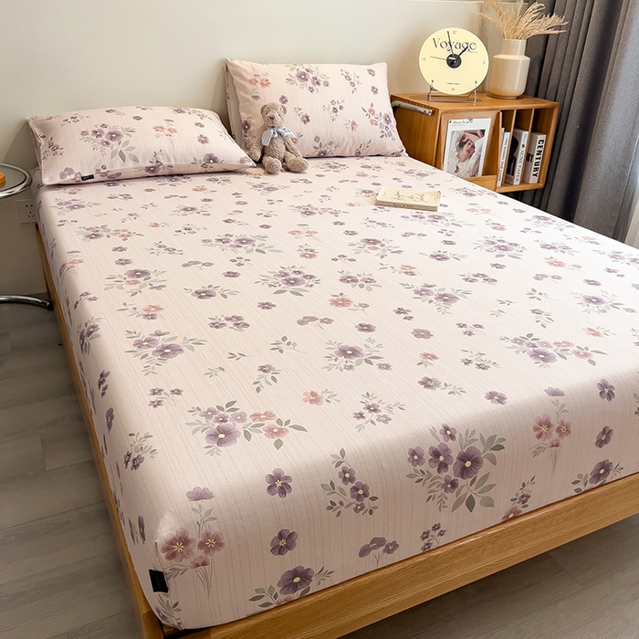 91家纺网 家纺一手货源 找家纺 芃成家纺 2026春夏新款全棉纯棉加厚老粗布单床笠床笠单件床笠三件套 紫韵花境