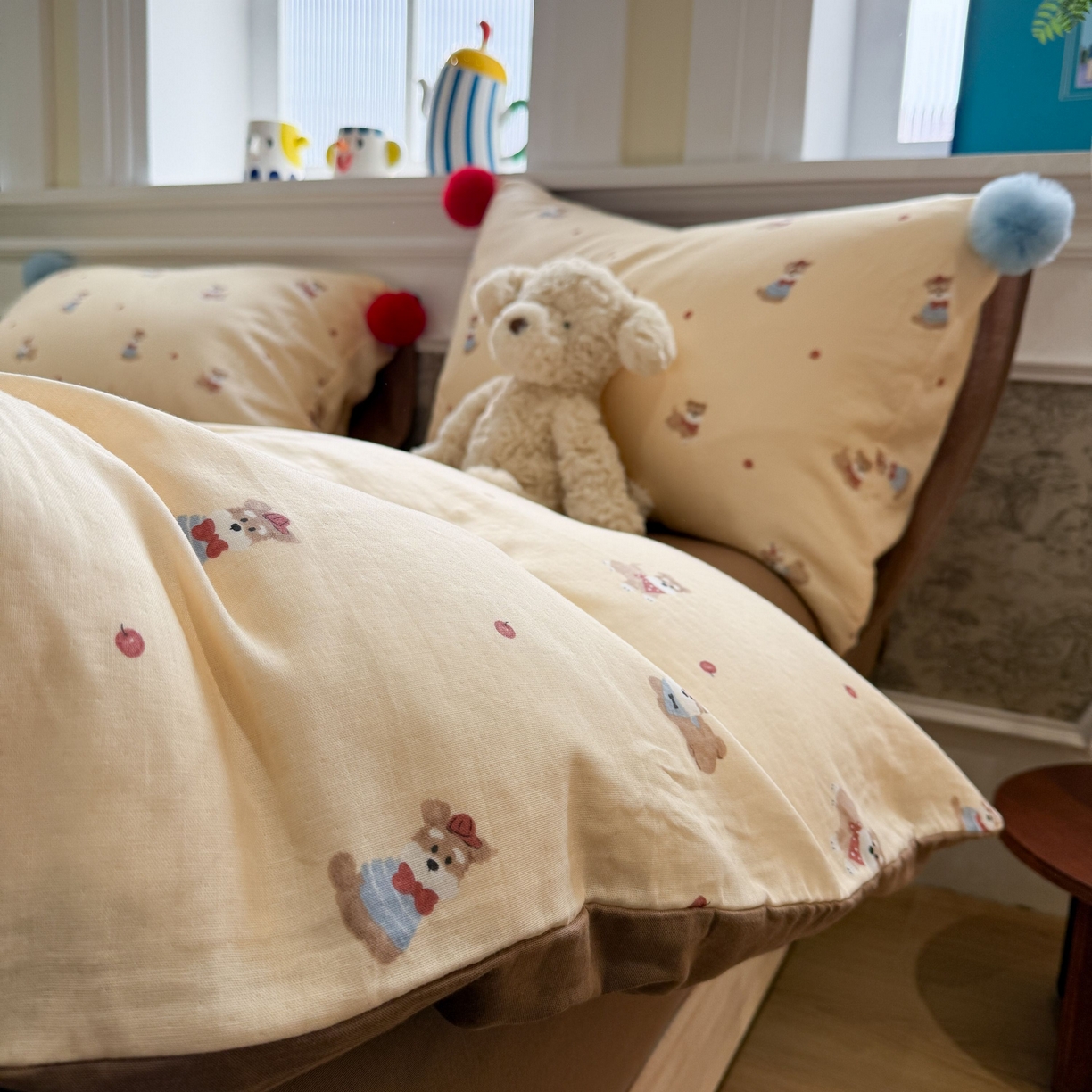 91家纺网 家纺一手货源 找家纺 （总）呗旺鹿 2026新款全棉纯棉毛巾绣球球双层纱四件套