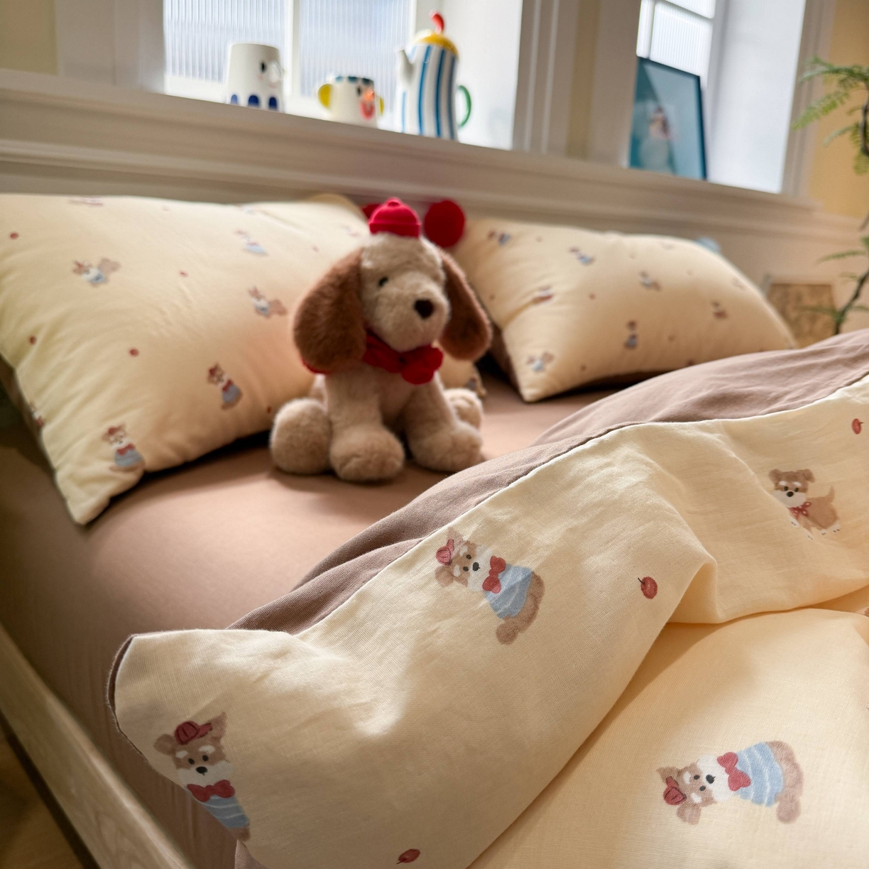 91家纺网 家纺一手货源 找家纺 呗旺鹿 2026新款全棉纯棉毛巾绣球球双层纱四件套 双层纱毛巾绣球球欢乐小狗