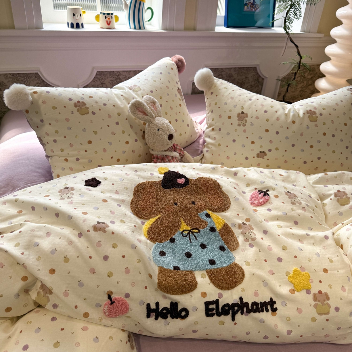 91家纺网 家纺一手货源 找家纺 呗旺鹿 2026新款全棉纯棉毛巾绣球球双层纱四件套 双层纱毛巾绣球球果子象