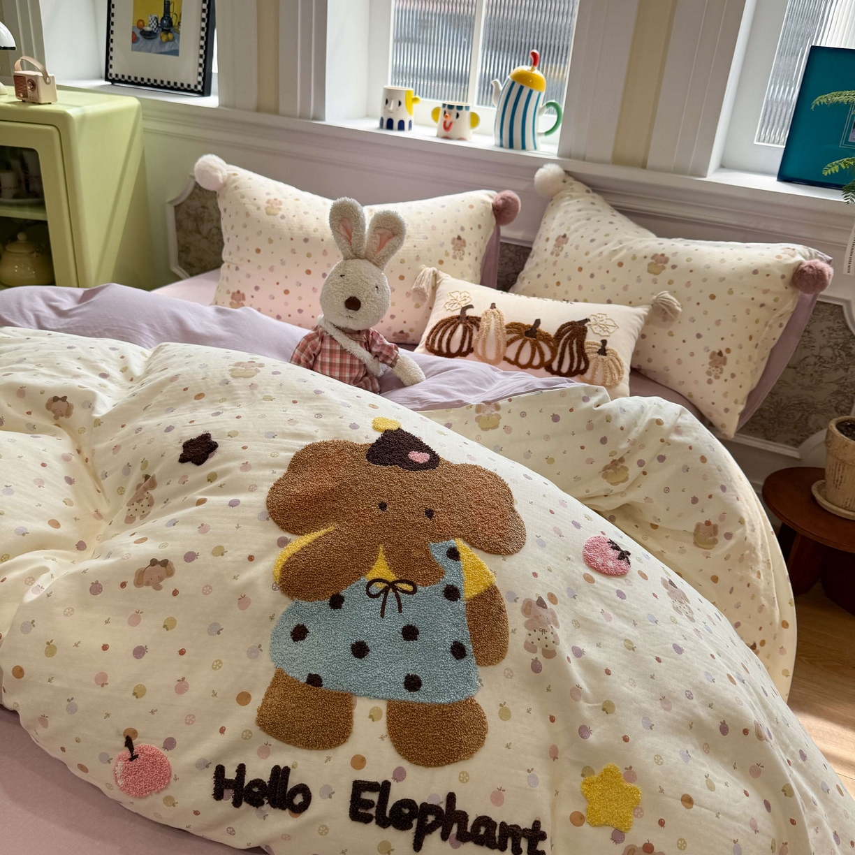 91家纺网 家纺一手货源 找家纺 呗旺鹿 2026新款全棉纯棉毛巾绣球球双层纱四件套 双层纱毛巾绣球球果子象