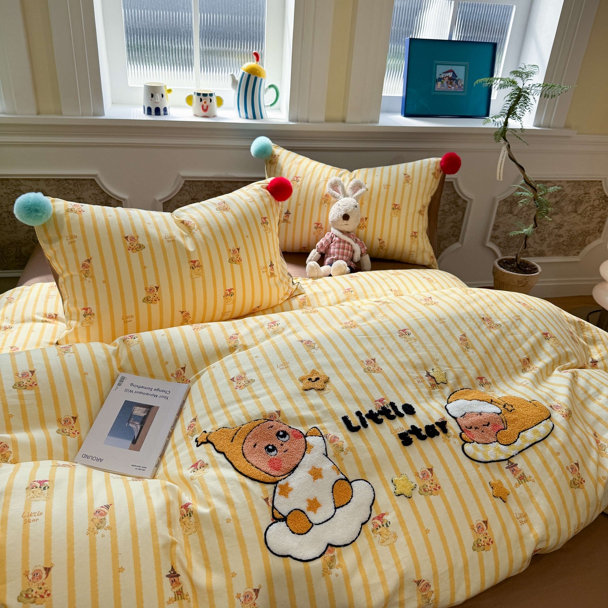 91家纺网 家纺一手货源 找家纺 呗旺鹿 2026新款全棉纯棉毛巾绣球球双层纱四件套 双层纱毛巾绣球球魔法星星