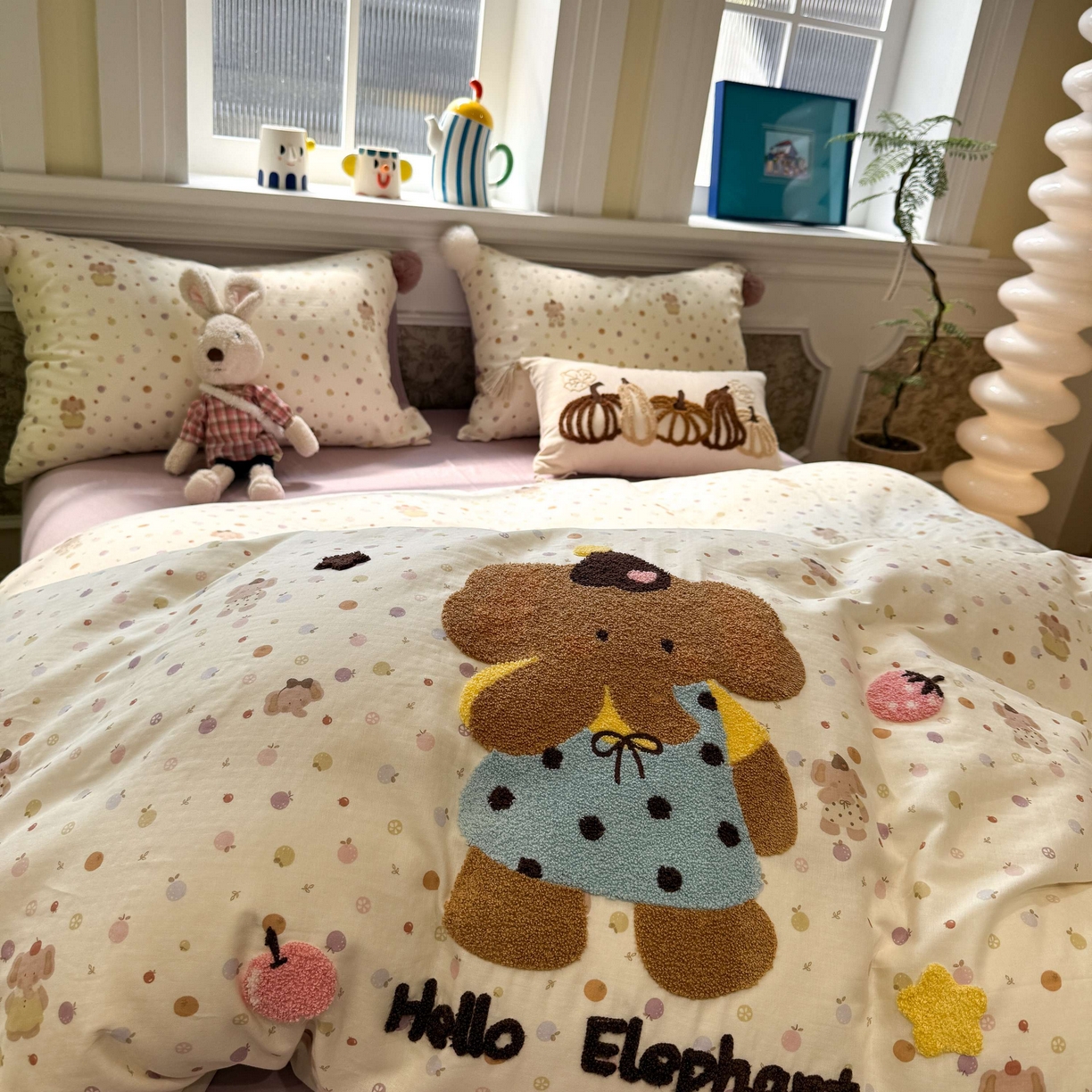 呗旺鹿 2026新款全棉纯棉毛巾绣球球双层纱四件套 双层纱毛巾绣球球果子象