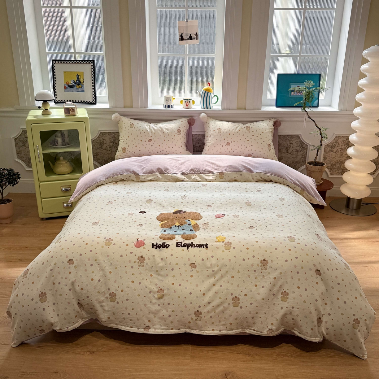 91家纺网 家纺一手货源 找家纺 呗旺鹿 2026新款全棉纯棉毛巾绣球球双层纱四件套 双层纱毛巾绣球球果子象