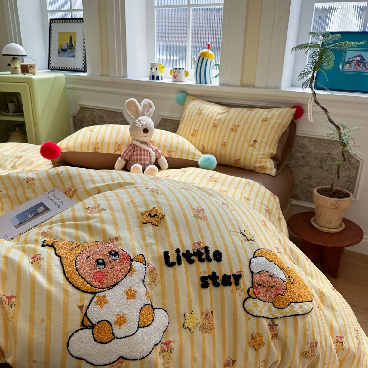 91家纺网 家纺一手货源 找家纺 呗旺鹿 2026新款全棉纯棉毛巾绣球球双层纱四件套 双层纱毛巾绣球球魔法星星