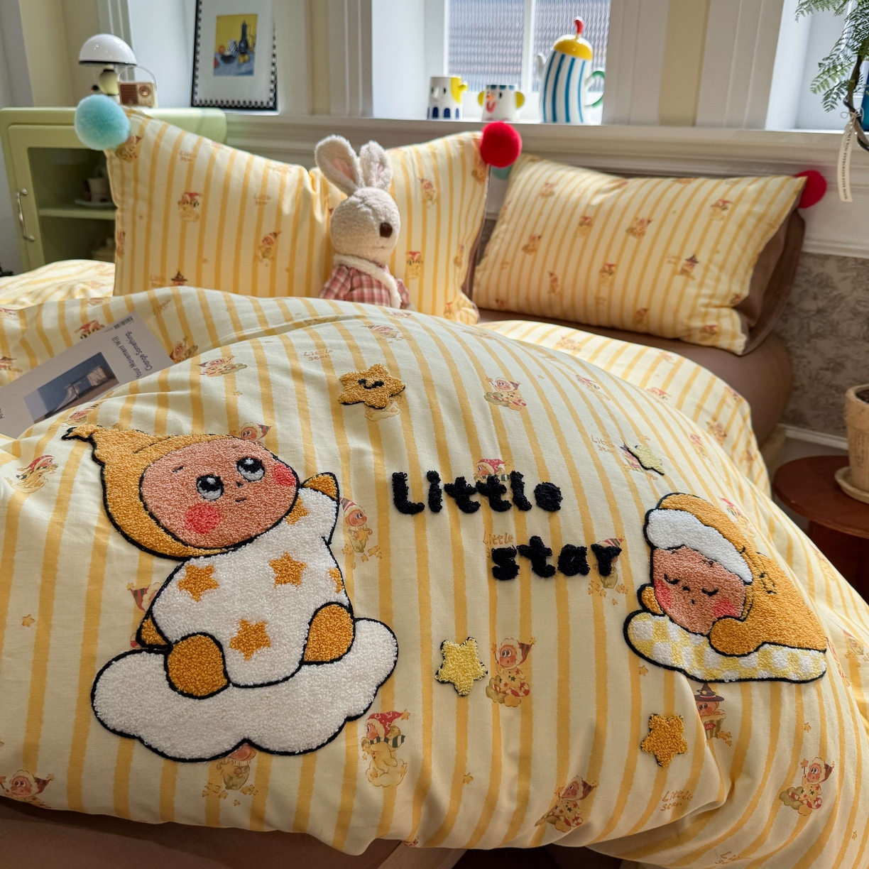 91家纺网 家纺一手货源 找家纺 呗旺鹿 2026新款全棉纯棉毛巾绣球球双层纱四件套 双层纱毛巾绣球球魔法星星