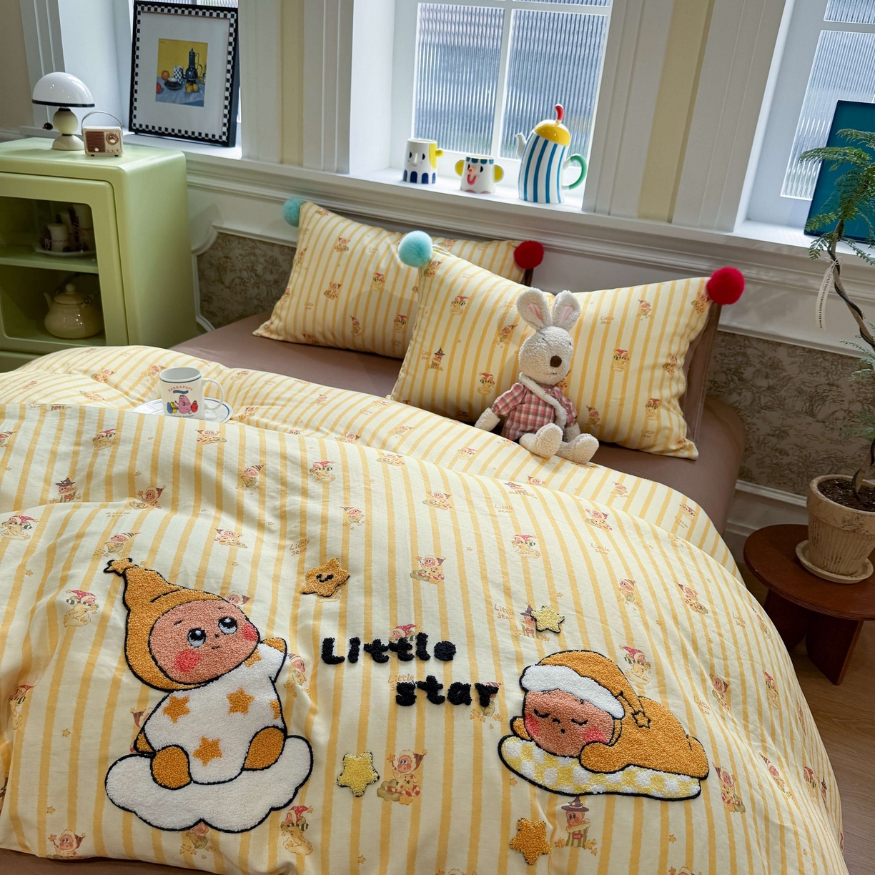 91家纺网 家纺一手货源 找家纺 呗旺鹿 2026新款全棉纯棉毛巾绣球球双层纱四件套 双层纱毛巾绣球球魔法星星