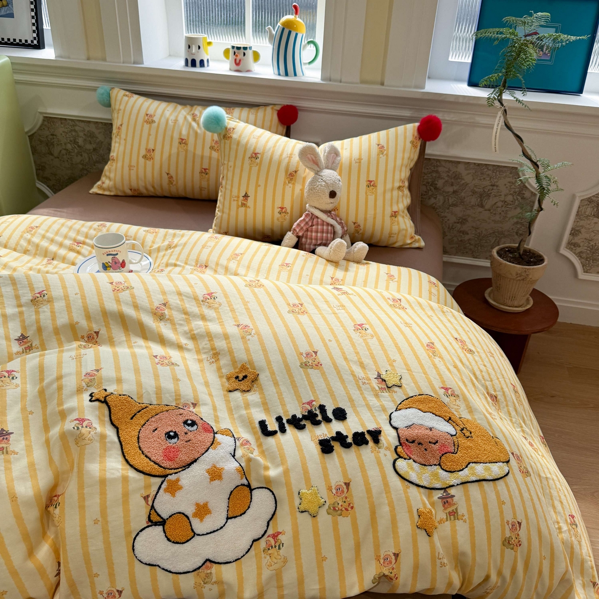 91家纺网 家纺一手货源 找家纺 呗旺鹿 2026新款全棉纯棉毛巾绣球球双层纱四件套 双层纱毛巾绣球球魔法星星