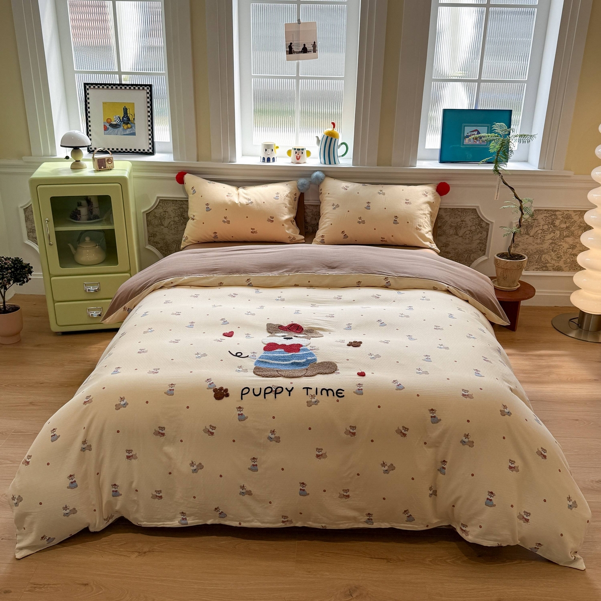 91家纺网 家纺一手货源 找家纺 呗旺鹿 2026新款全棉纯棉毛巾绣球球双层纱四件套 双层纱毛巾绣球球欢乐小狗