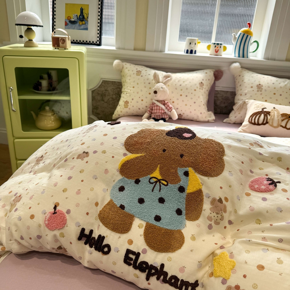 91家纺网 家纺一手货源 找家纺 呗旺鹿 2026新款全棉纯棉毛巾绣球球双层纱四件套 双层纱毛巾绣球球果子象