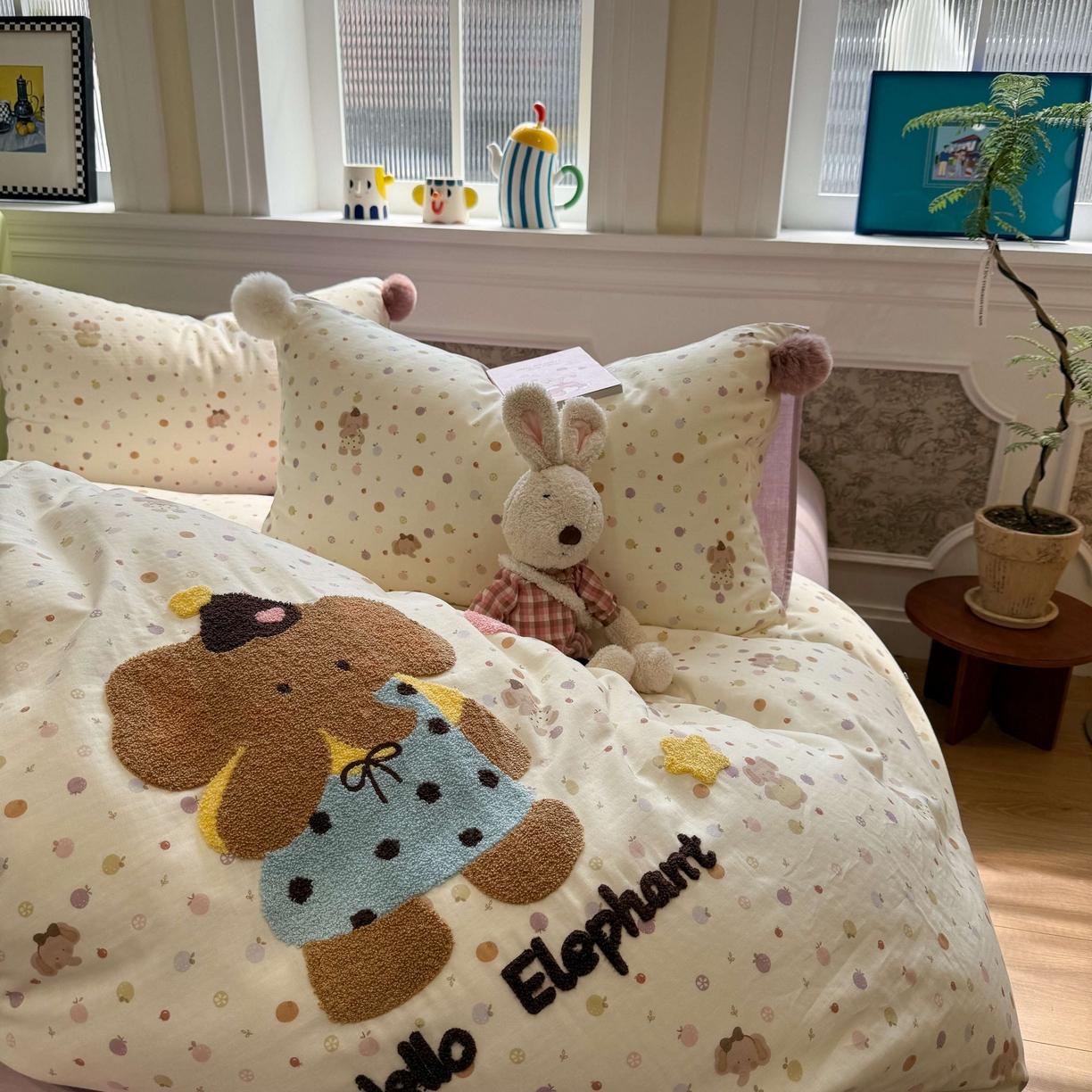 91家纺网 家纺一手货源 找家纺 呗旺鹿 2026新款全棉纯棉毛巾绣球球双层纱四件套 双层纱毛巾绣球球果子象