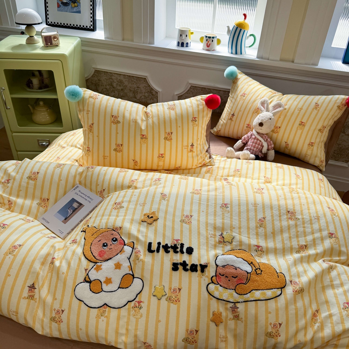 91家纺网 家纺一手货源 找家纺 呗旺鹿 2026新款全棉纯棉毛巾绣球球双层纱四件套 双层纱毛巾绣球球魔法星星