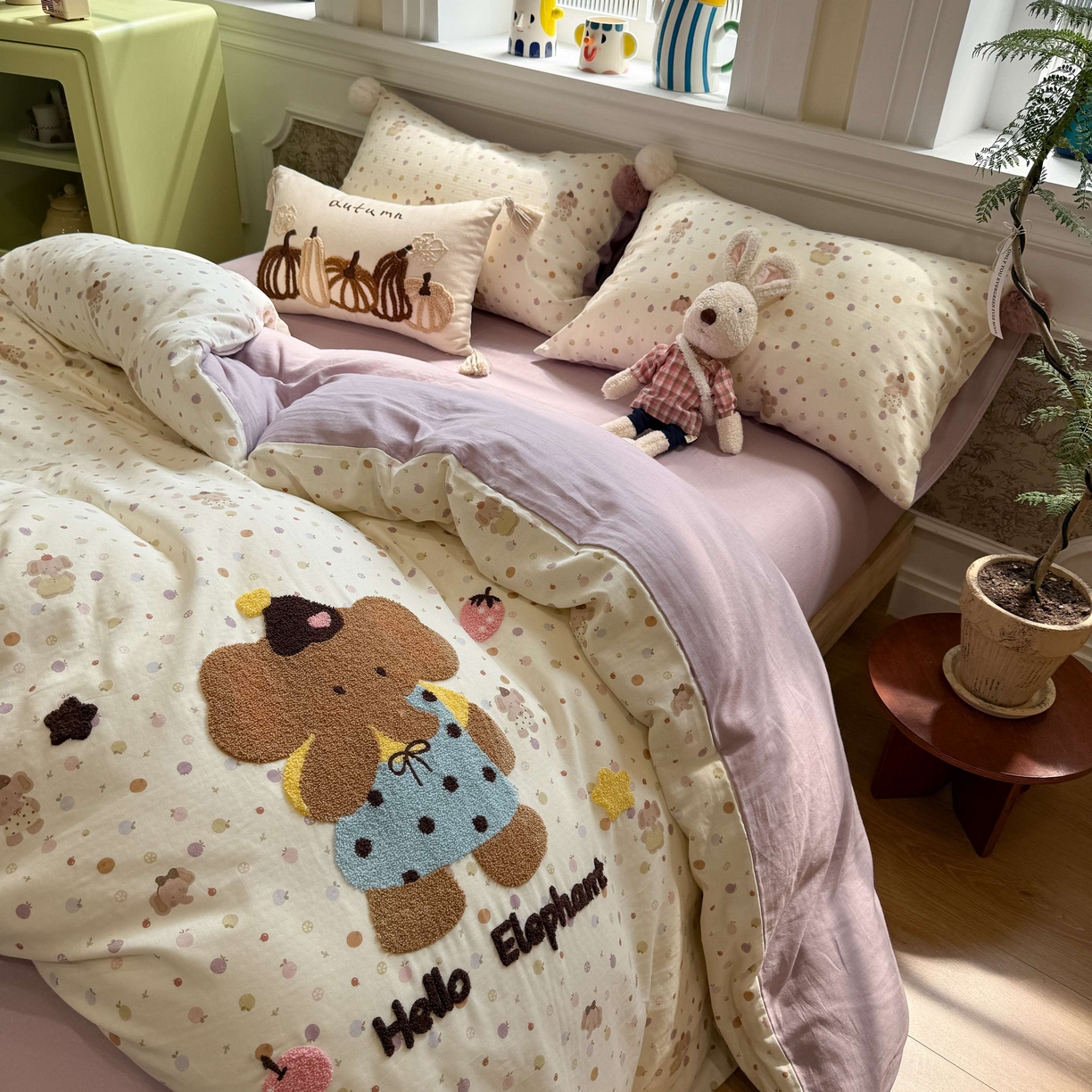 91家纺网 家纺一手货源 找家纺 呗旺鹿 2026新款全棉纯棉毛巾绣球球双层纱四件套 双层纱毛巾绣球球果子象