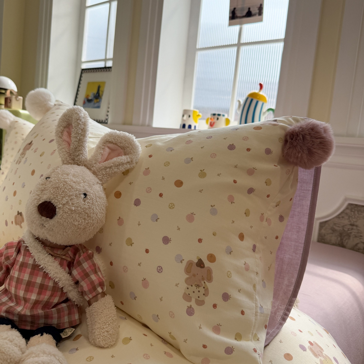 91家纺网 家纺一手货源 找家纺 呗旺鹿 2026新款全棉纯棉毛巾绣球球双层纱四件套 双层纱毛巾绣球球果子象