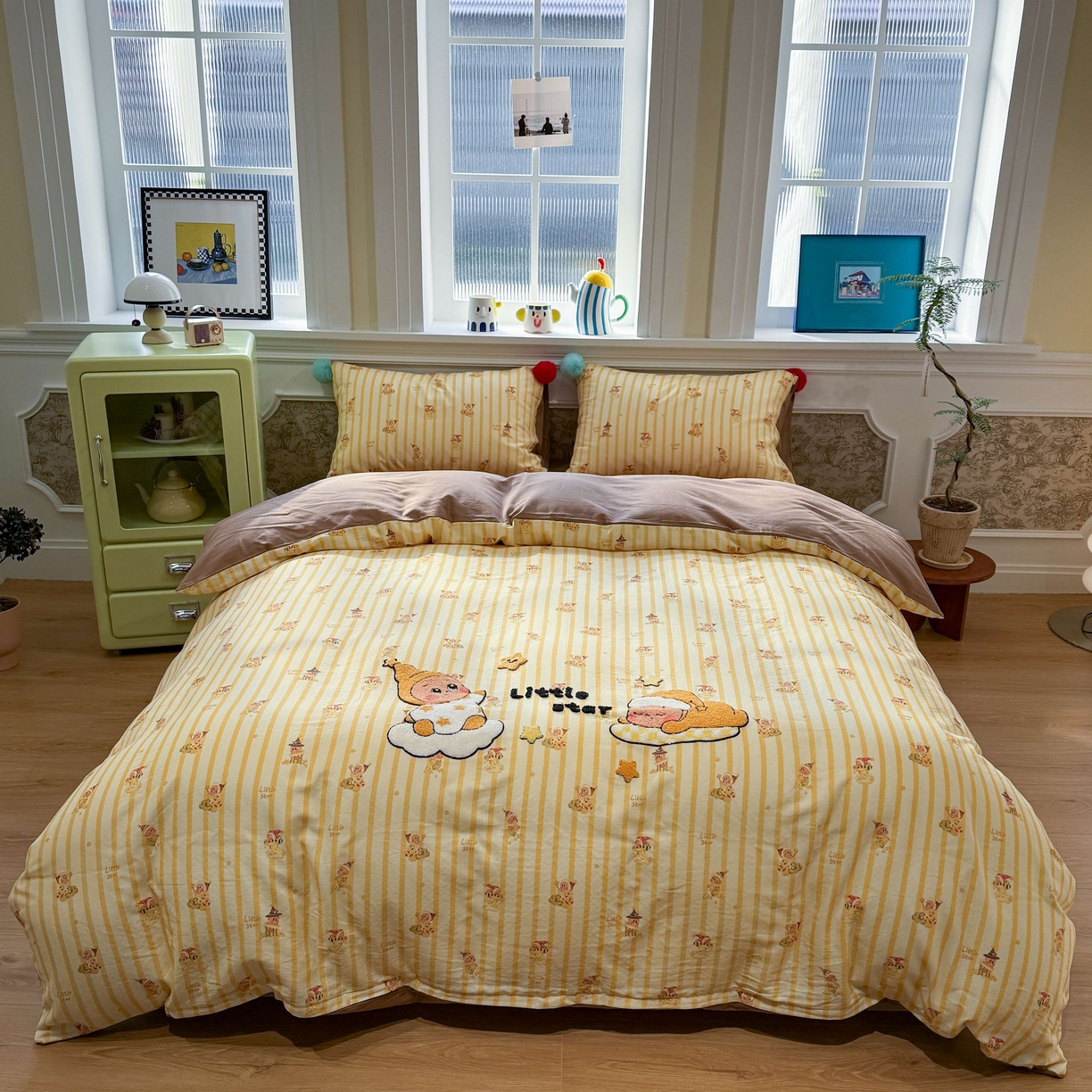 91家纺网 家纺一手货源 找家纺 呗旺鹿 2026新款全棉纯棉毛巾绣球球双层纱四件套 双层纱毛巾绣球球魔法星星