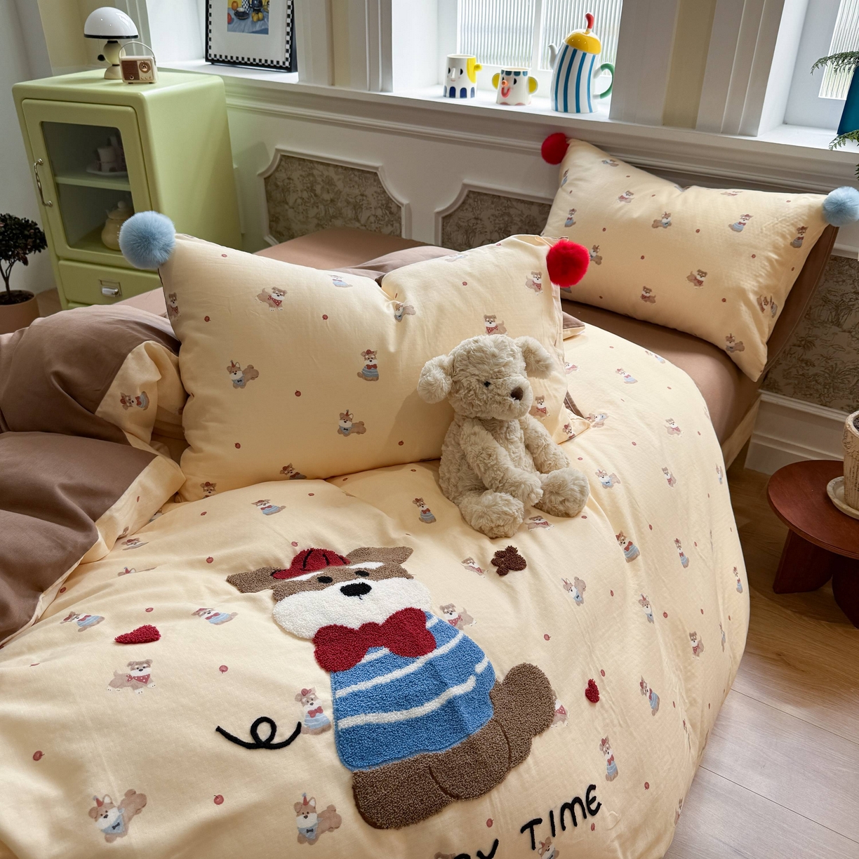 91家纺网 家纺一手货源 找家纺 呗旺鹿 2026新款全棉纯棉毛巾绣球球双层纱四件套 双层纱毛巾绣球球欢乐小狗