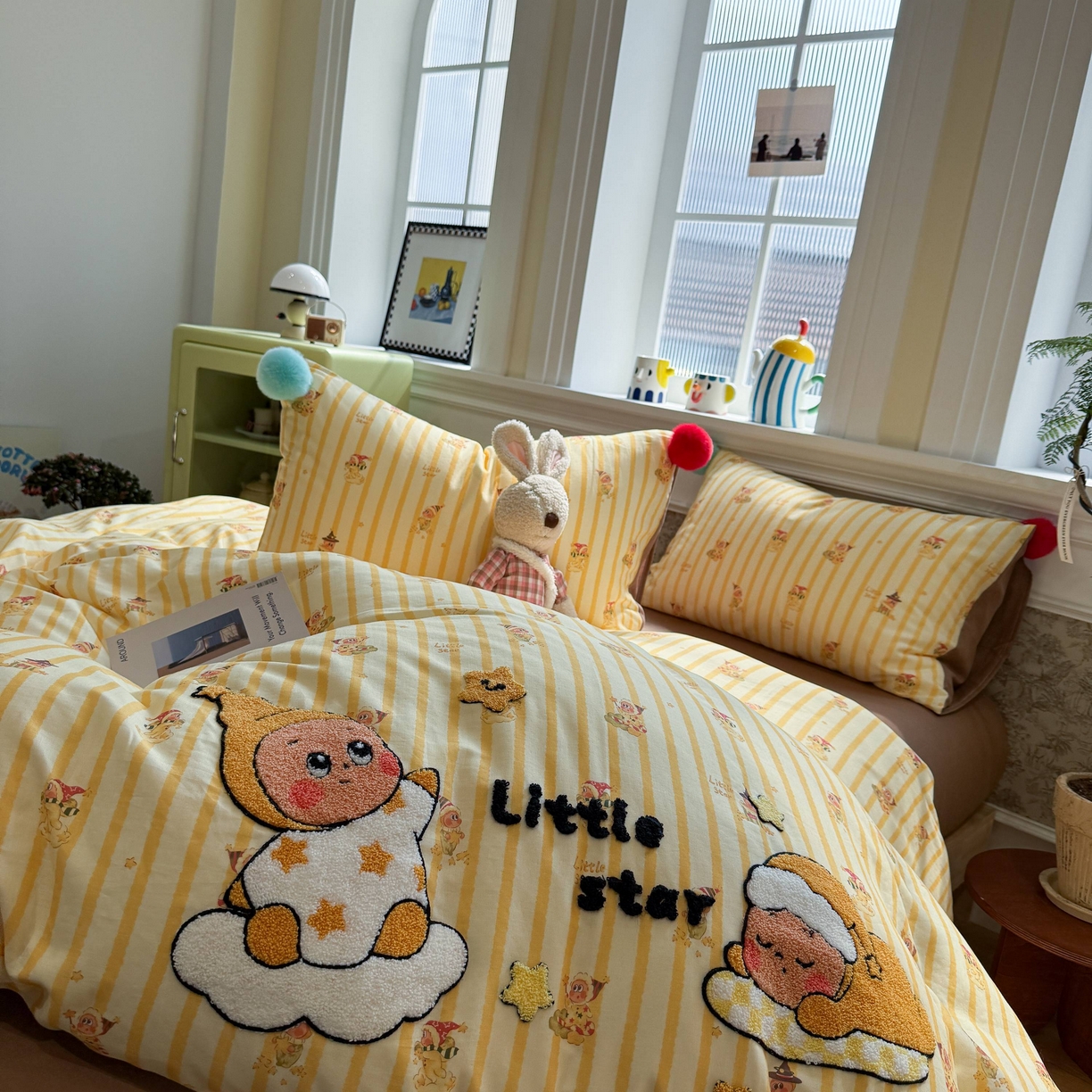 91家纺网 家纺一手货源 找家纺 呗旺鹿 2026新款全棉纯棉毛巾绣球球双层纱四件套 双层纱毛巾绣球球魔法星星