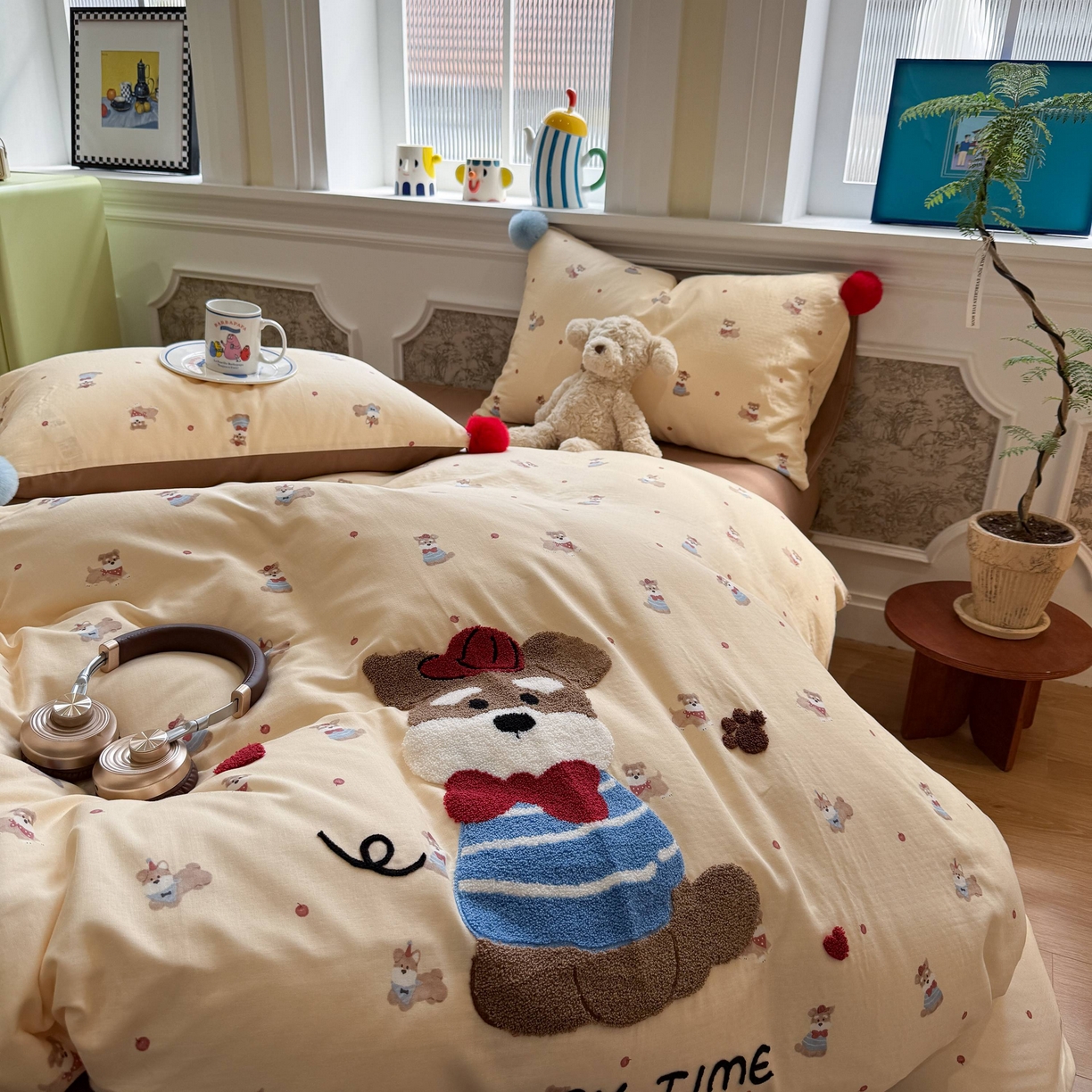 91家纺网 家纺一手货源 找家纺 呗旺鹿 2026新款全棉纯棉毛巾绣球球双层纱四件套 双层纱毛巾绣球球欢乐小狗