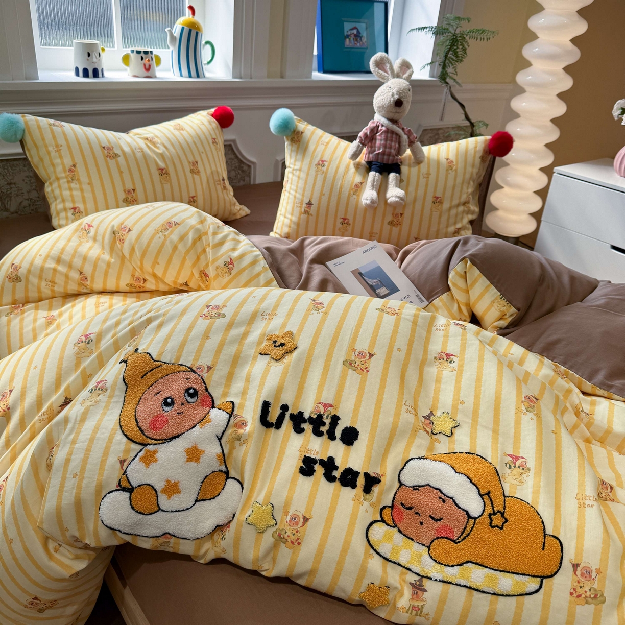 91家纺网 家纺一手货源 找家纺 呗旺鹿 2026新款全棉纯棉毛巾绣球球双层纱四件套 双层纱毛巾绣球球魔法星星