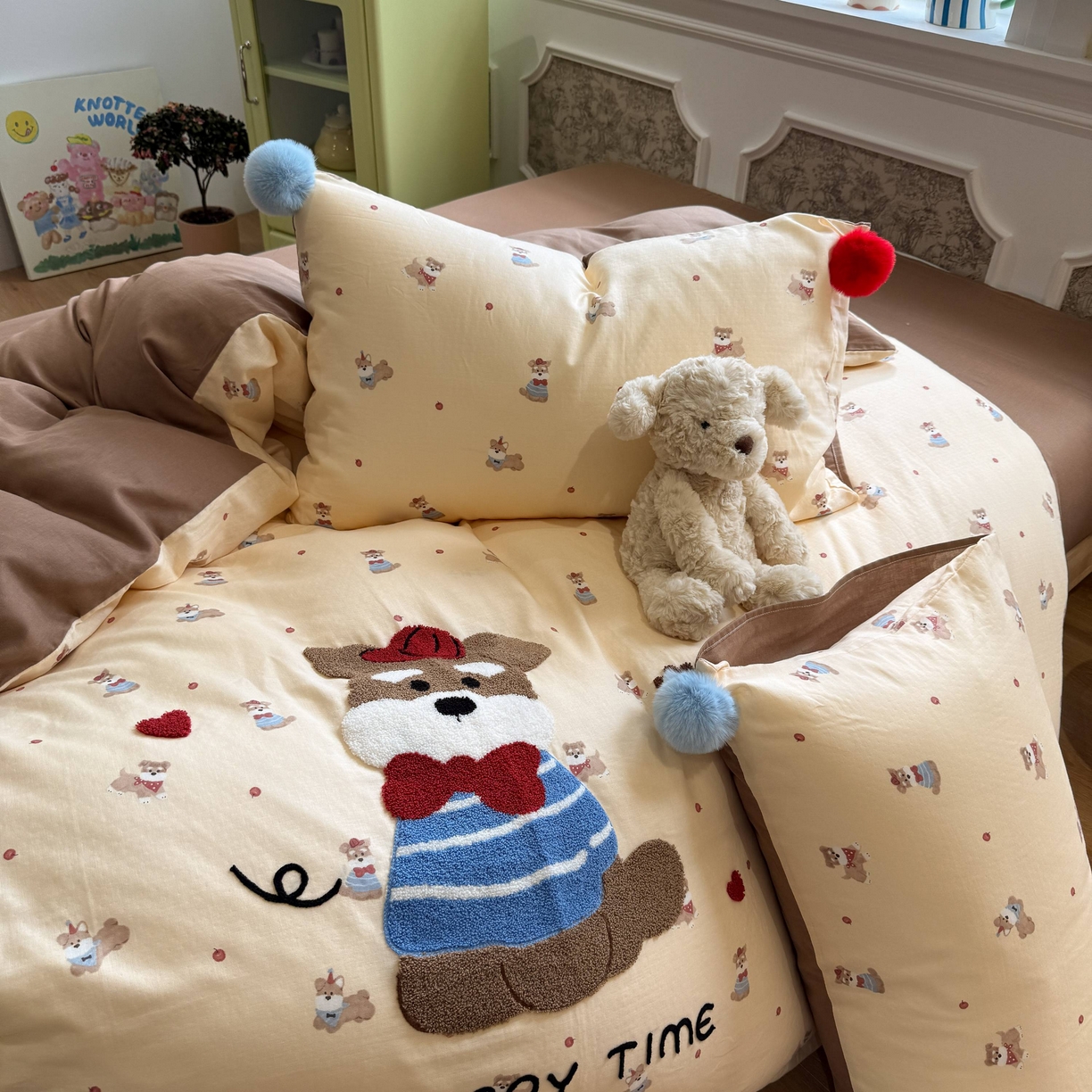 91家纺网 家纺一手货源 找家纺 呗旺鹿 2026新款全棉纯棉毛巾绣球球双层纱四件套 双层纱毛巾绣球球欢乐小狗