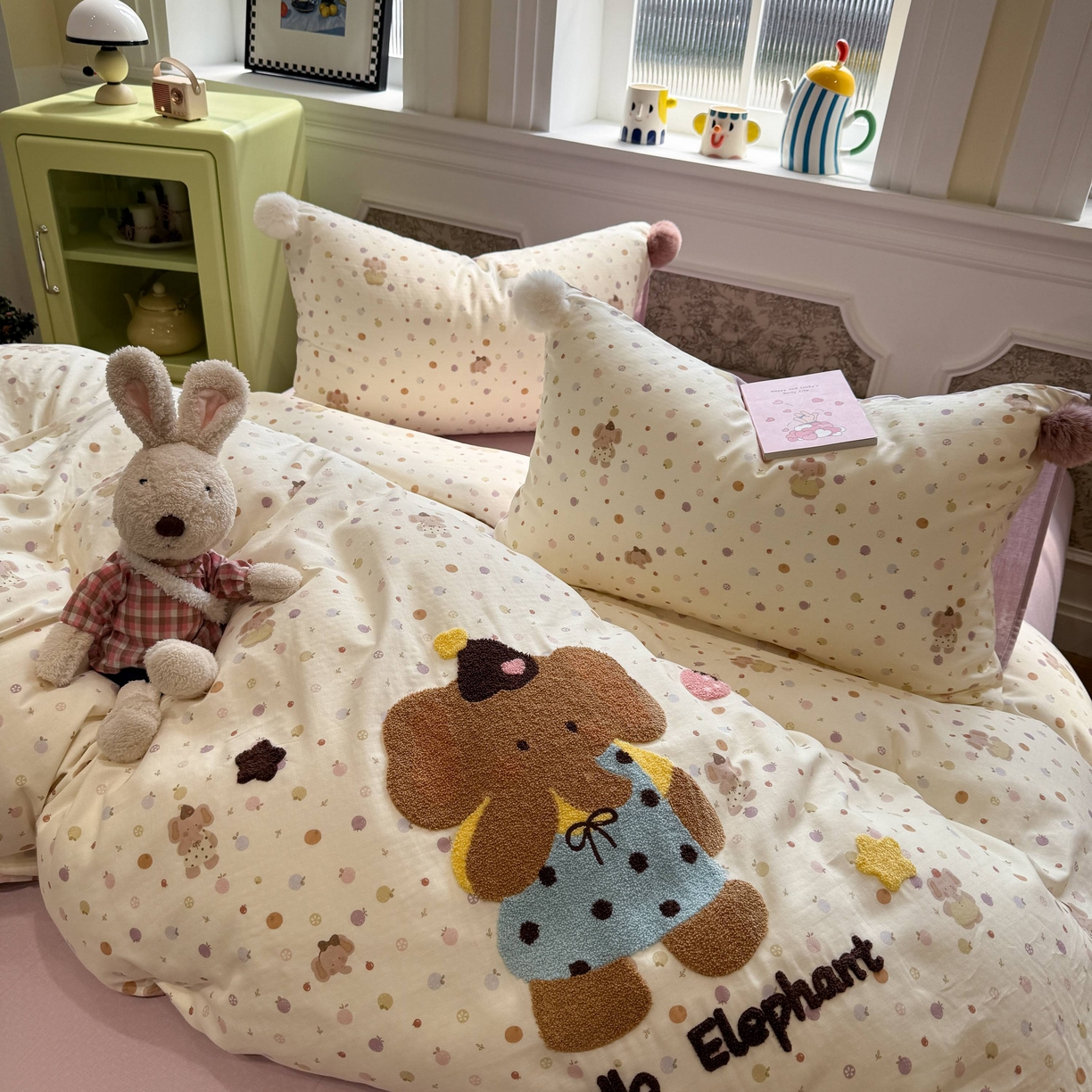 91家纺网 家纺一手货源 找家纺 呗旺鹿 2026新款全棉纯棉毛巾绣球球双层纱四件套 双层纱毛巾绣球球果子象