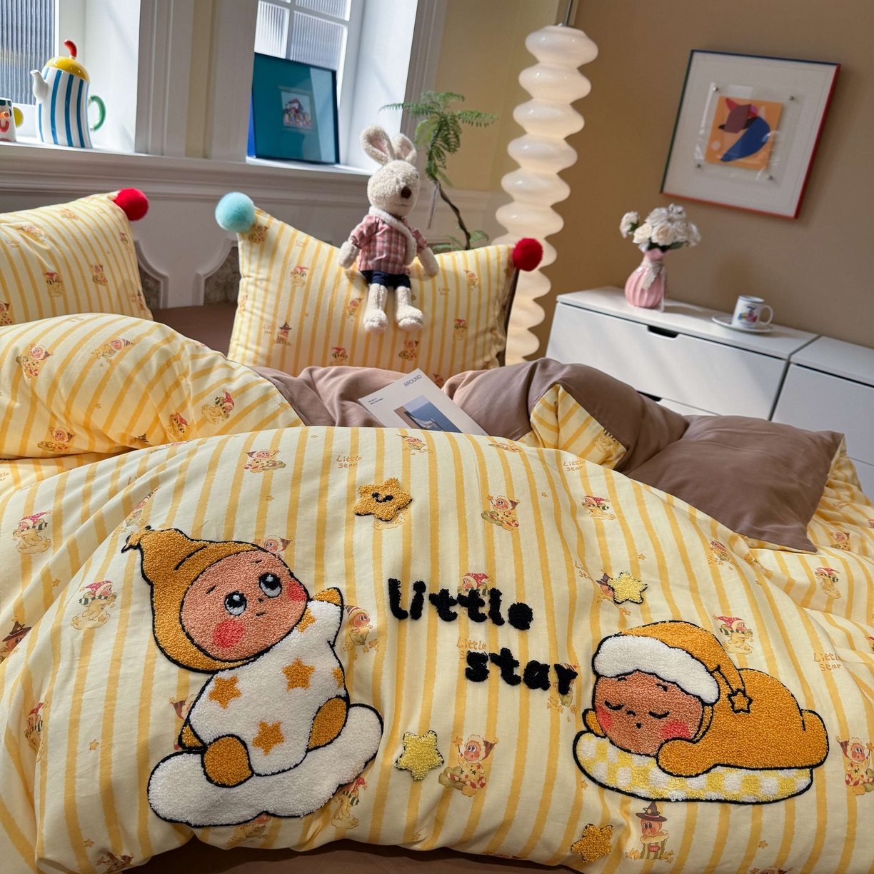 91家纺网 家纺一手货源 找家纺 呗旺鹿 2026新款全棉纯棉毛巾绣球球双层纱四件套 双层纱毛巾绣球球魔法星星