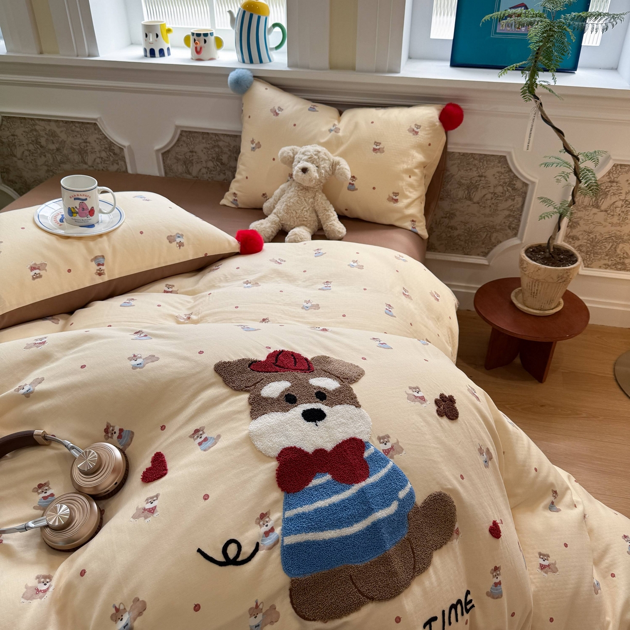 91家纺网 家纺一手货源 找家纺 呗旺鹿 2026新款全棉纯棉毛巾绣球球双层纱四件套 双层纱毛巾绣球球欢乐小狗