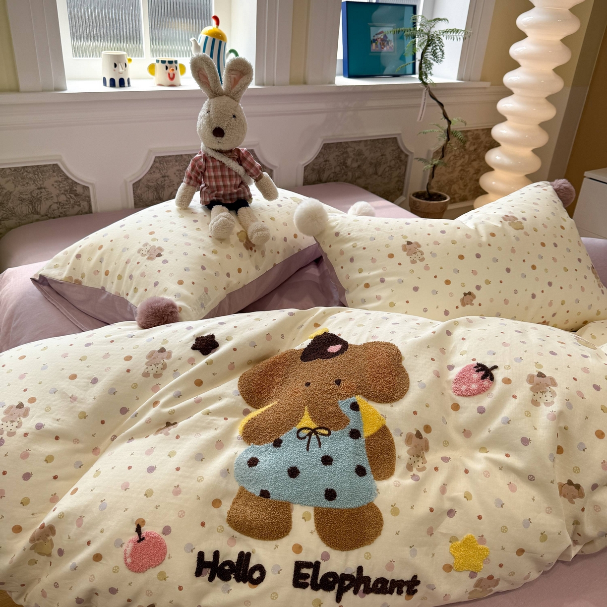 91家纺网 家纺一手货源 找家纺 呗旺鹿 2026新款全棉纯棉毛巾绣球球双层纱四件套 双层纱毛巾绣球球果子象