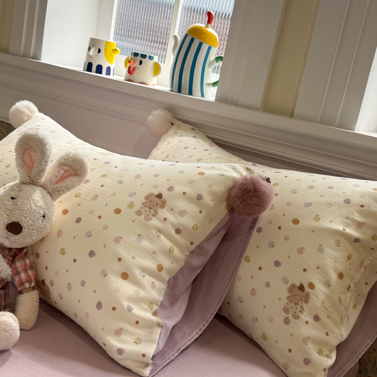 91家纺网 家纺一手货源 找家纺 呗旺鹿 2026新款全棉纯棉毛巾绣球球双层纱四件套 双层纱毛巾绣球球果子象