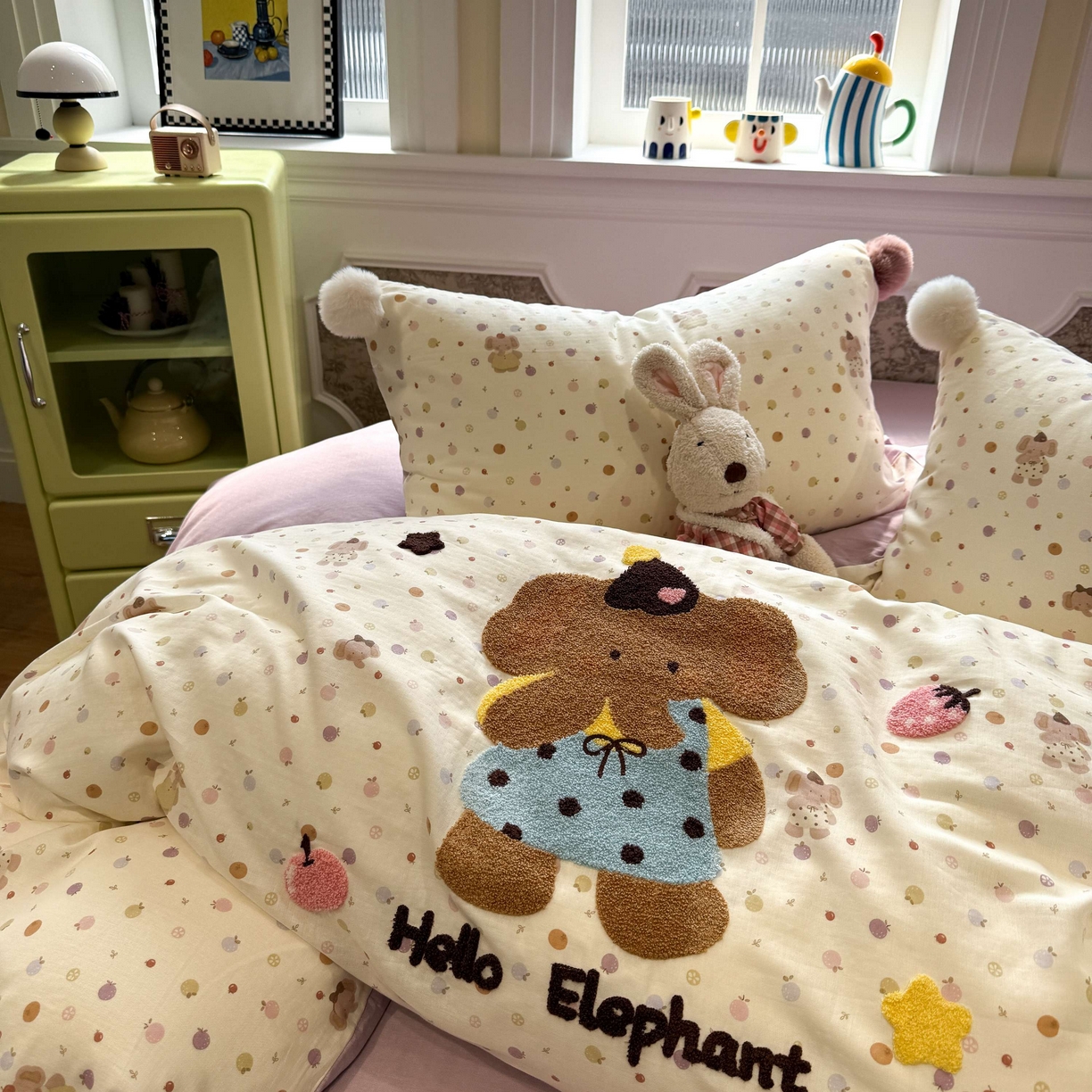 91家纺网 家纺一手货源 找家纺 呗旺鹿 2026新款全棉纯棉毛巾绣球球双层纱四件套 双层纱毛巾绣球球果子象