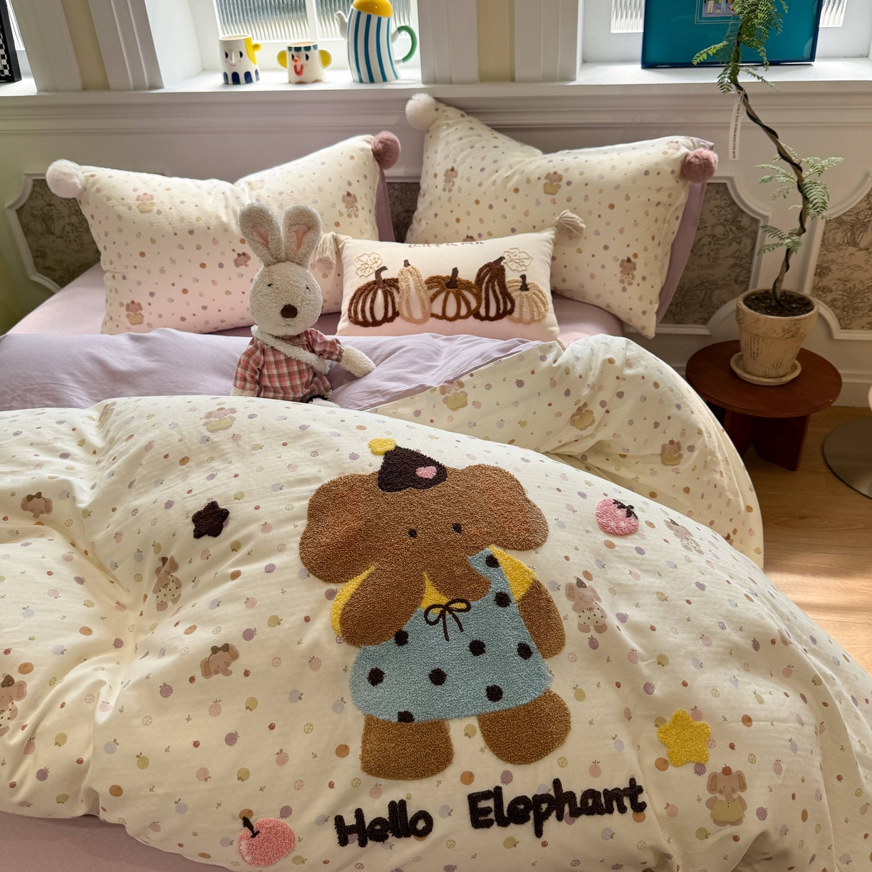 91家纺网 家纺一手货源 找家纺 呗旺鹿 2026新款全棉纯棉毛巾绣球球双层纱四件套 双层纱毛巾绣球球果子象