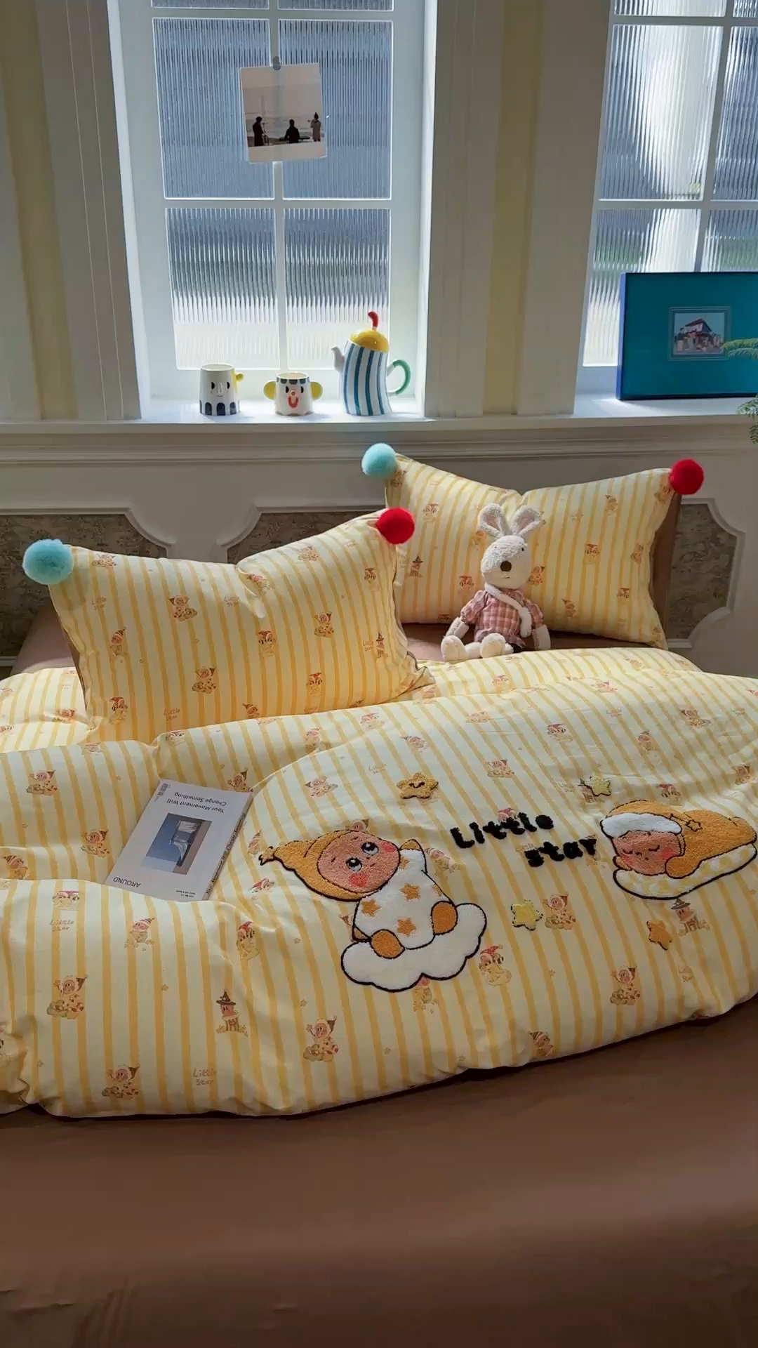 91家纺网 家纺一手货源 找家纺 呗旺鹿 2026新款全棉纯棉毛巾绣球球双层纱四件套 双层纱毛巾绣球球魔法星星