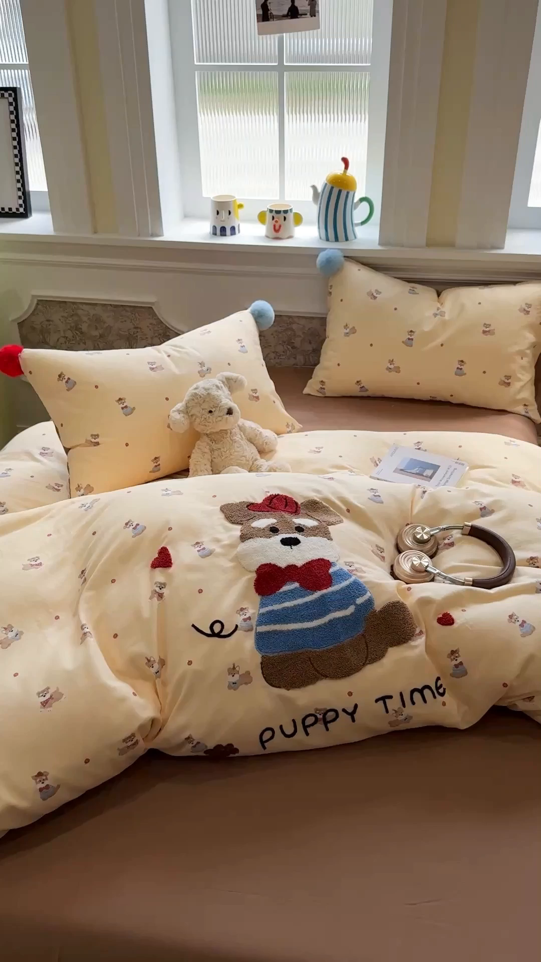 91家纺网 家纺一手货源 找家纺 呗旺鹿 2026新款全棉纯棉毛巾绣球球双层纱四件套 双层纱毛巾绣球球欢乐小狗