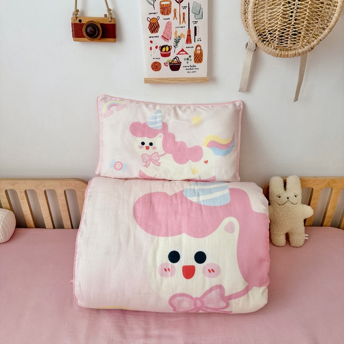 萌宝家纺 2026新款母婴A类全棉双层纱儿童被套纯棉纱布三件套 快乐小马