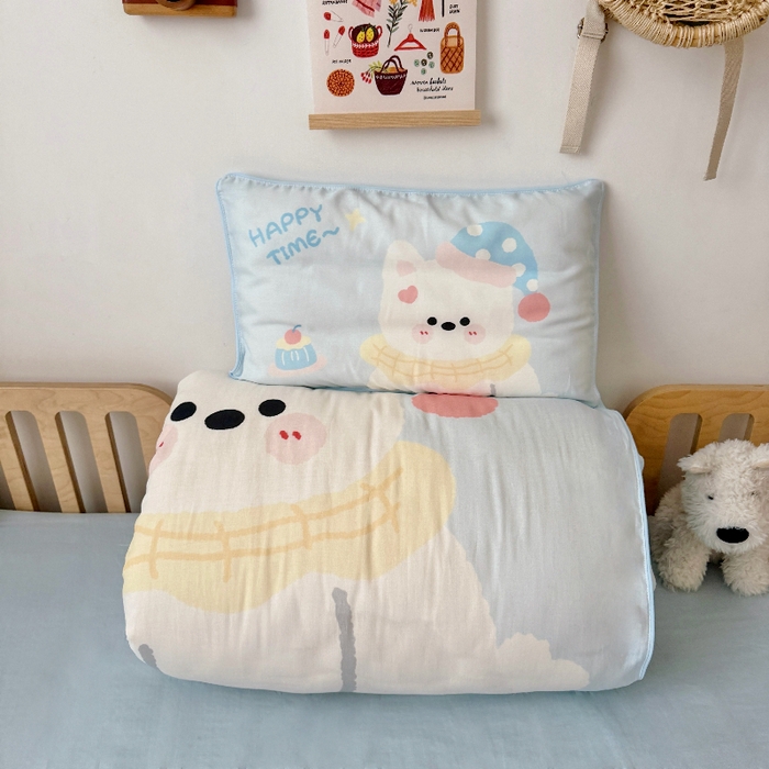 萌宝家纺 2026新款母婴A类全棉双层纱儿童被套纯棉纱布三件套 西高地-蓝色