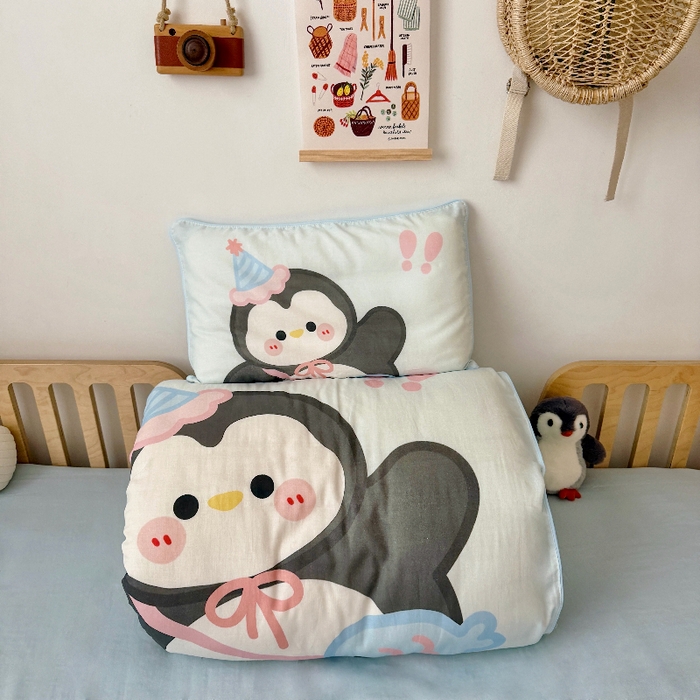 萌宝家纺 2026新款母婴A类全棉双层纱儿童被套纯棉纱布三件套 小企鹅