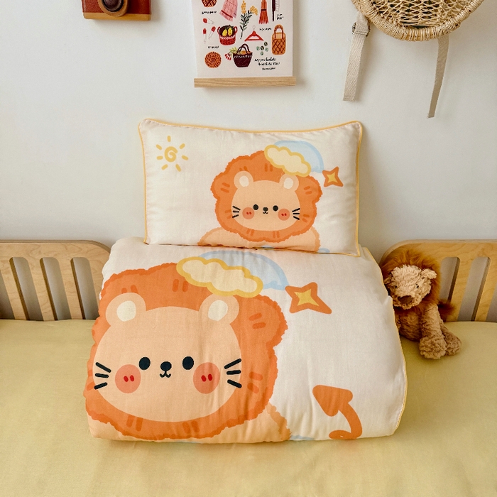 萌宝家纺 2026新款母婴A类全棉双层纱儿童被套纯棉纱布三件套 小狮子